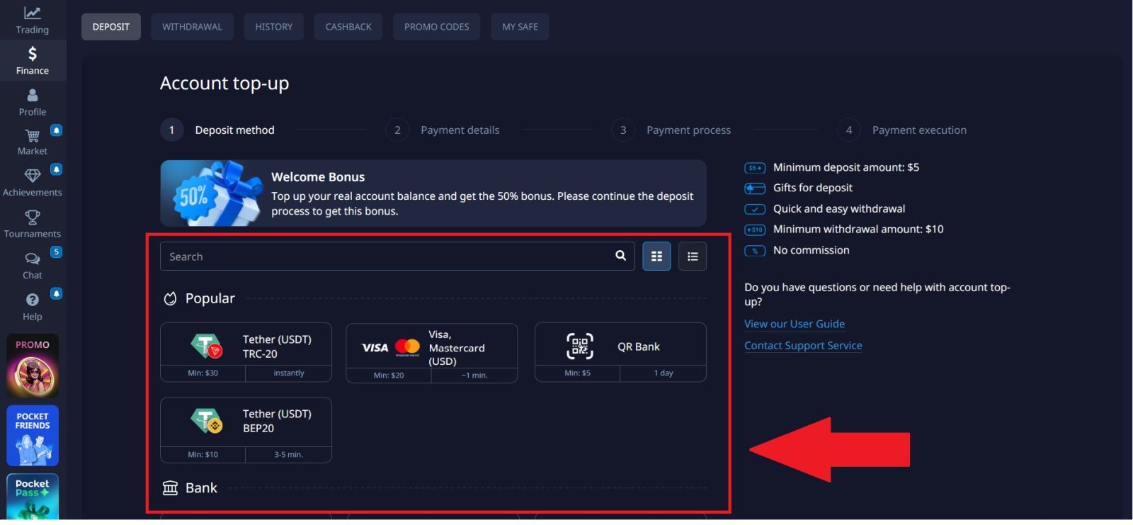 Pinigų įnešimas į Pocket Option 2026 m.: mokėjimo būdai, mokesčiai ir apdorojimo laikas