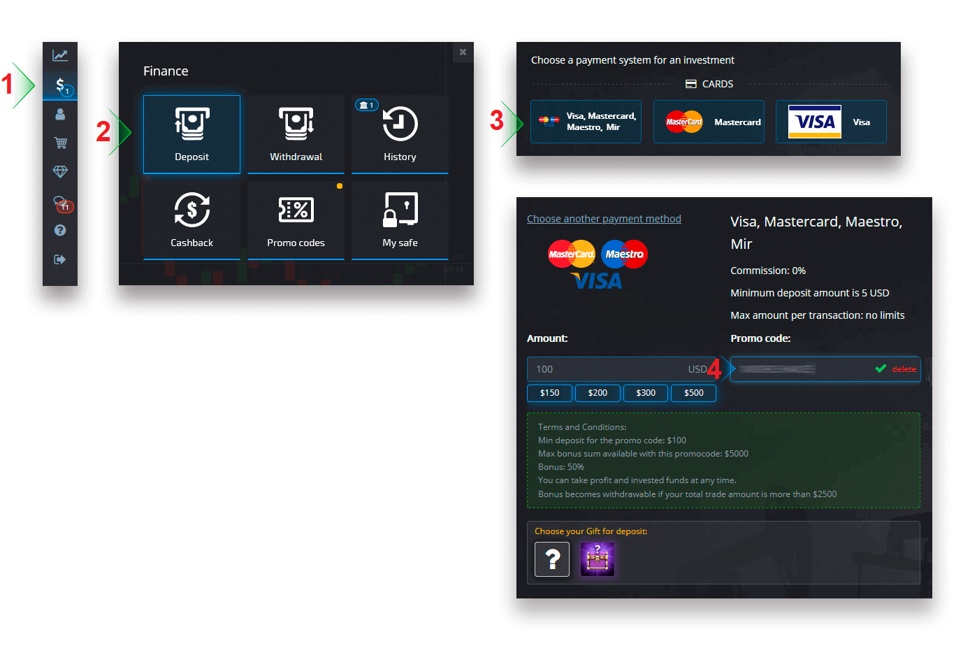 Як унесці грошы ў Pocket Option з дапамогай банкаўскіх карт (Visa / Mastercard / JCB) Як унесці грошы ў Pocket Option з дапамогай банкаўскіх карт (Visa / Mastercard / JCB)